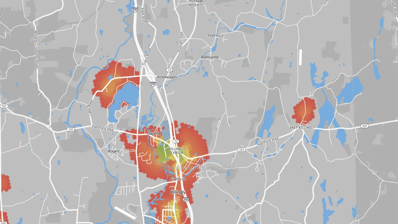 Walk Grade map of 06241, CT, walkable areas in green and car-dependent areas in red