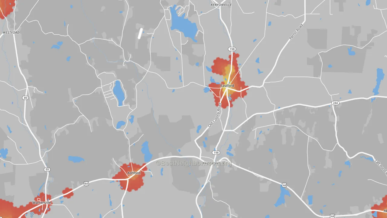 Walk Grade map of 06242, CT, walkable areas in green and car-dependent areas in red