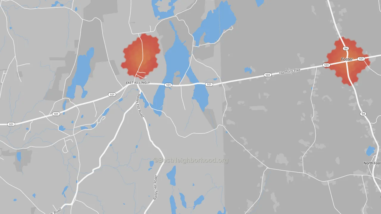 Walk Grade map of 06243, CT, walkable areas in green and car-dependent areas in red