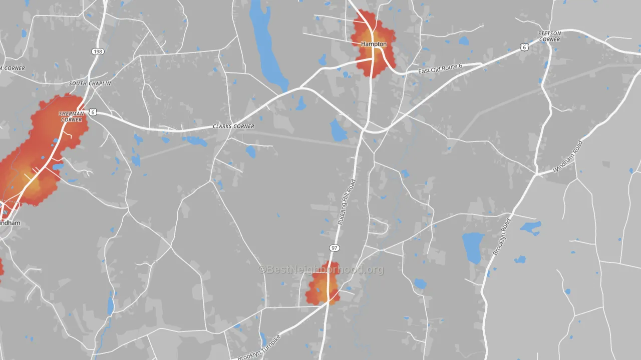 Walk Grade map of 06247, CT, walkable areas in green and car-dependent areas in red
