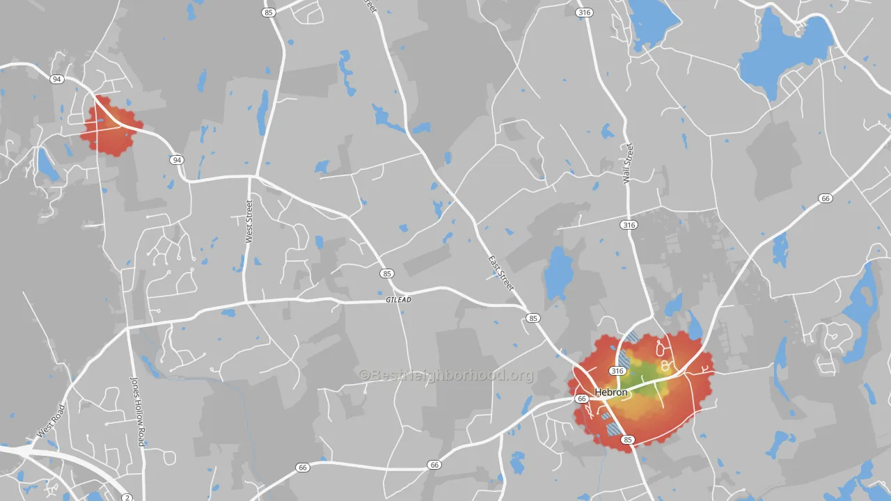 Walk Grade map of 06248, CT, walkable areas in green and car-dependent areas in red