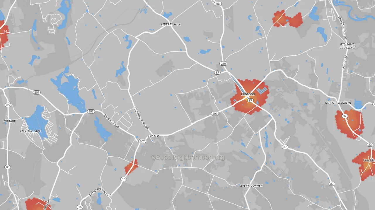 Walk Grade map of 06249, CT, walkable areas in green and car-dependent areas in red