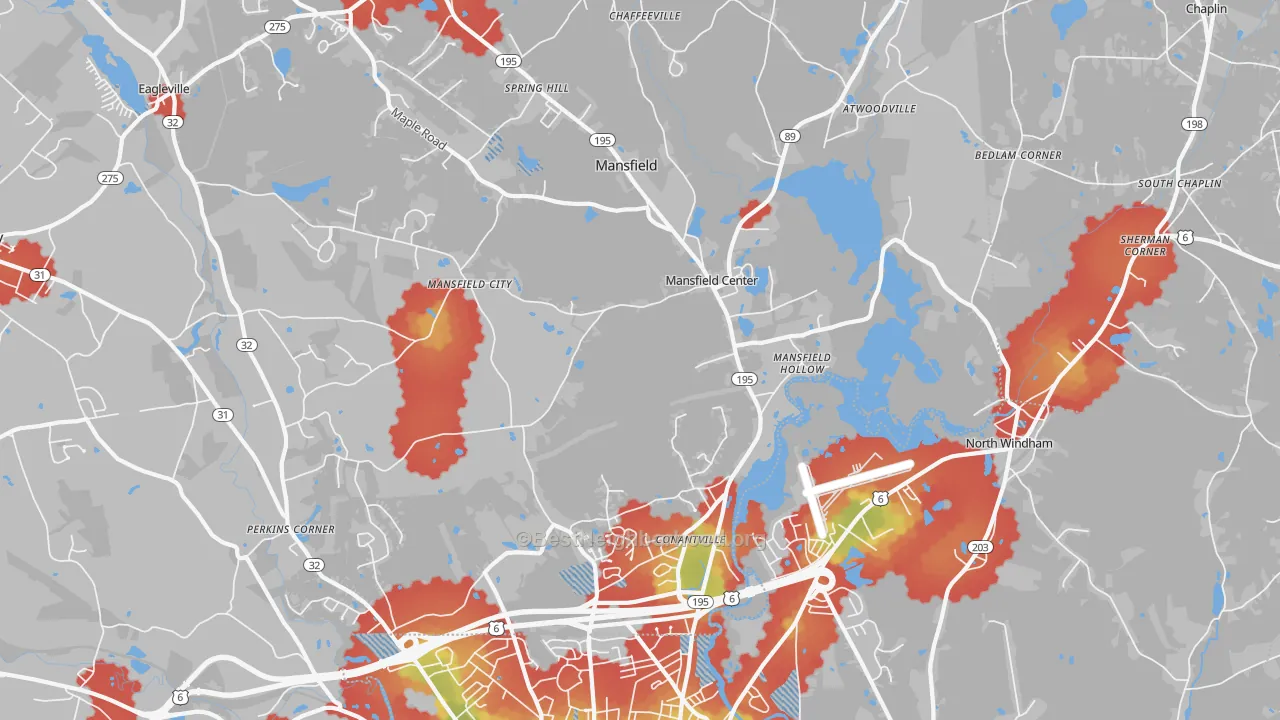 Walk Grade map of 06250, CT, walkable areas in green and car-dependent areas in red