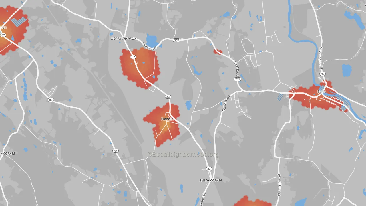 Walk Grade map of 06254, CT, walkable areas in green and car-dependent areas in red