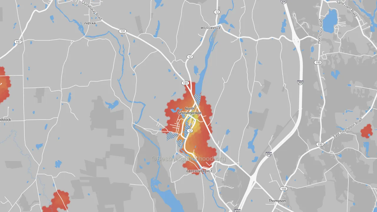 Walk Grade map of 06255, CT, walkable areas in green and car-dependent areas in red