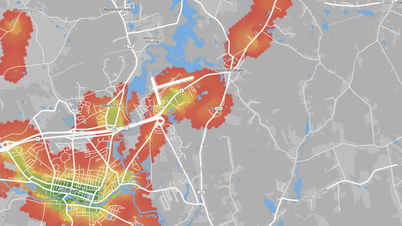 Walk Grade map of 06256, CT, walkable areas in green and car-dependent areas in red