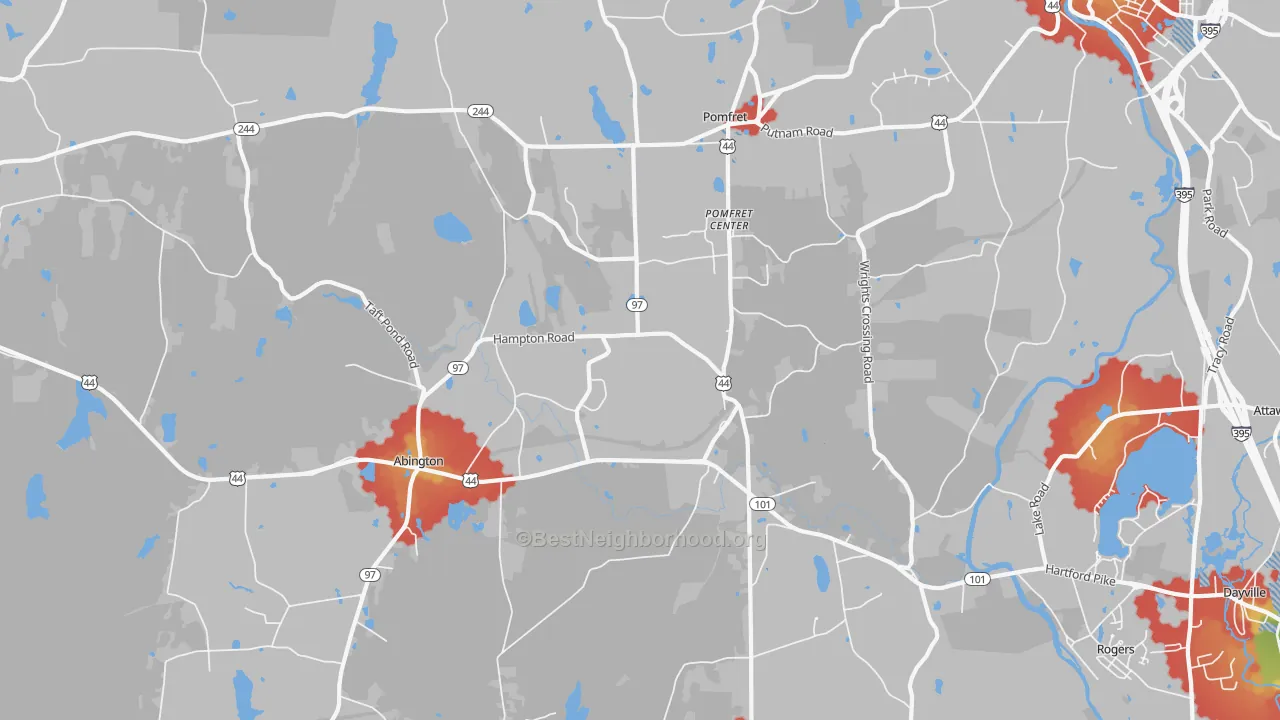 Walk Grade map of 06259, CT, walkable areas in green and car-dependent areas in red