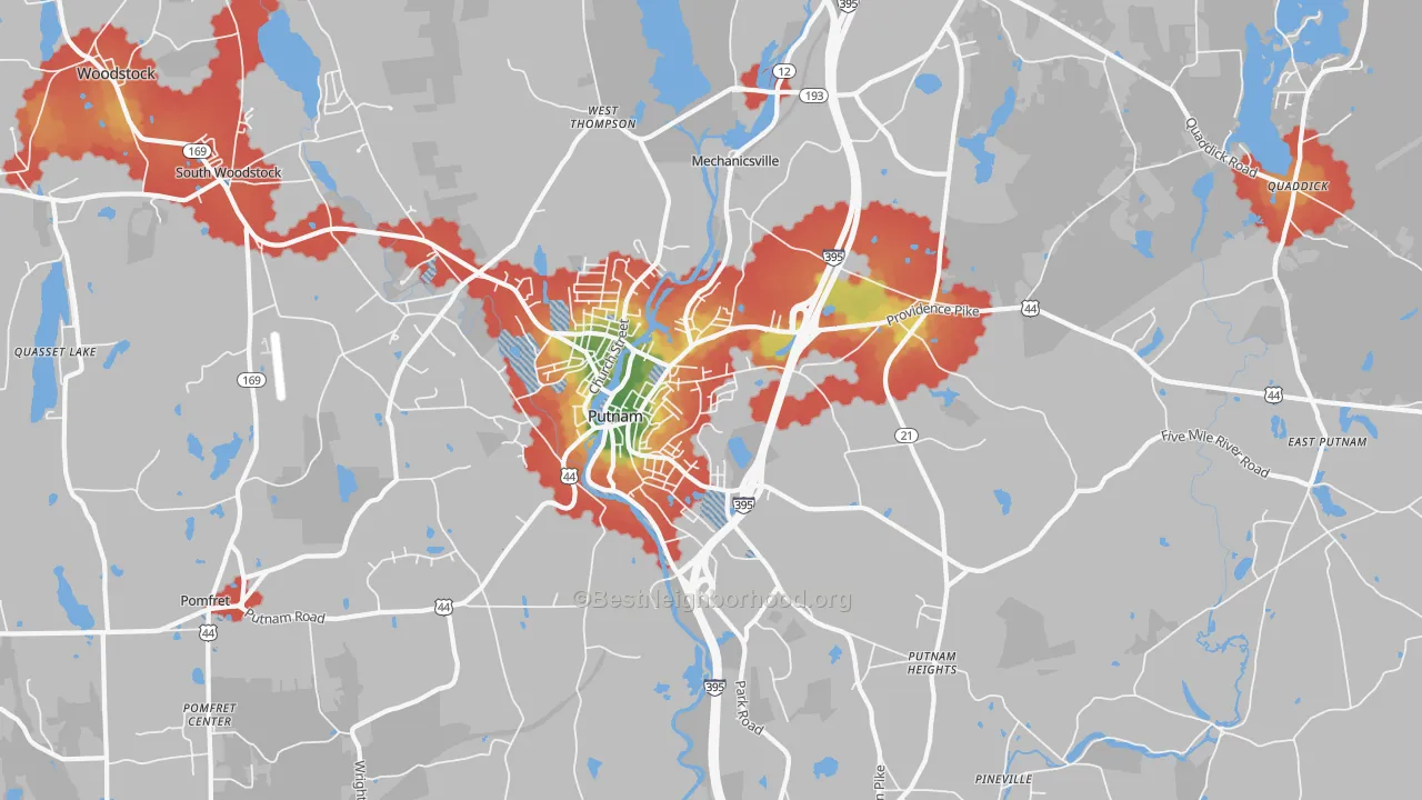 Walk Grade map of 06260, CT, walkable areas in green and car-dependent areas in red