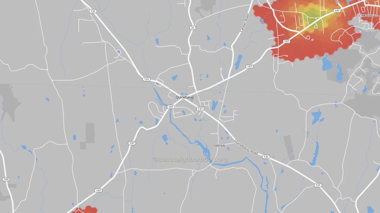 Walk Grade map of 06262, CT, walkable areas in green and car-dependent areas in red
