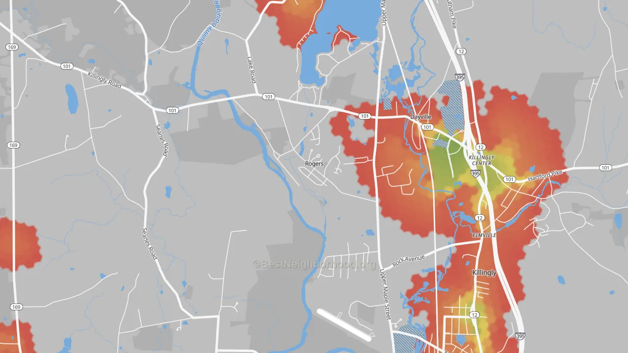 Walk Grade map of 06263, CT, walkable areas in green and car-dependent areas in red