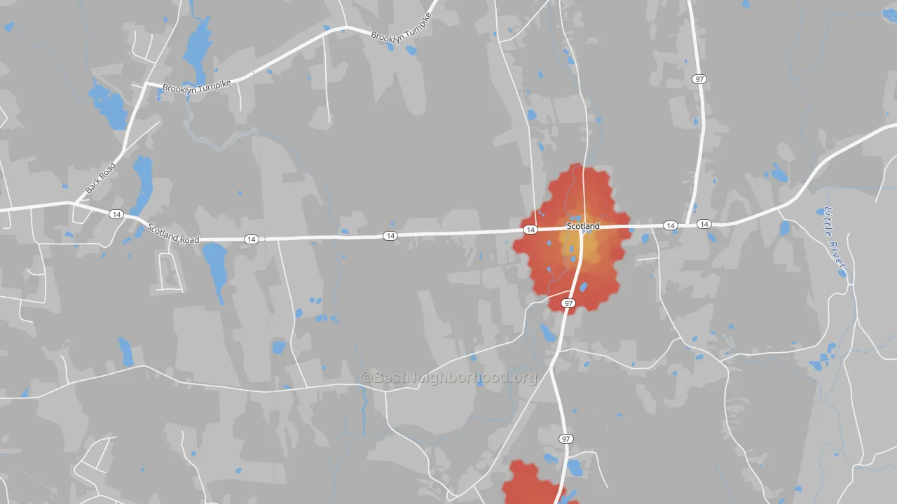 Walk Grade map of 06264, CT, walkable areas in green and car-dependent areas in red