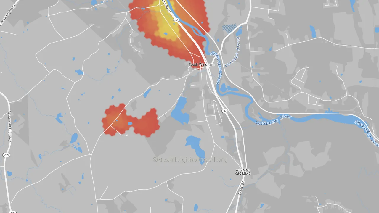 Walk Grade map of 06266, CT, walkable areas in green and car-dependent areas in red