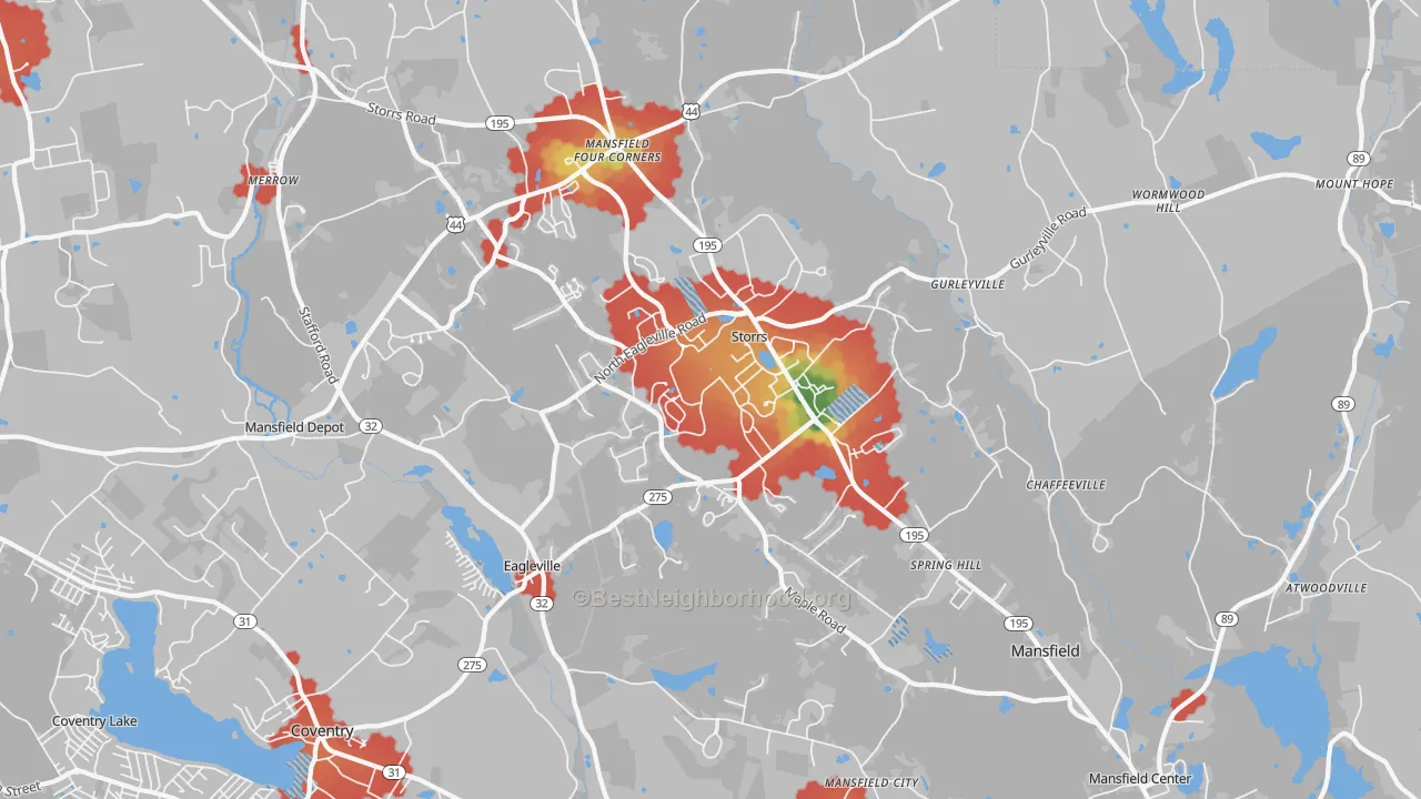Walk Grade map of 06268, CT, walkable areas in green and car-dependent areas in red