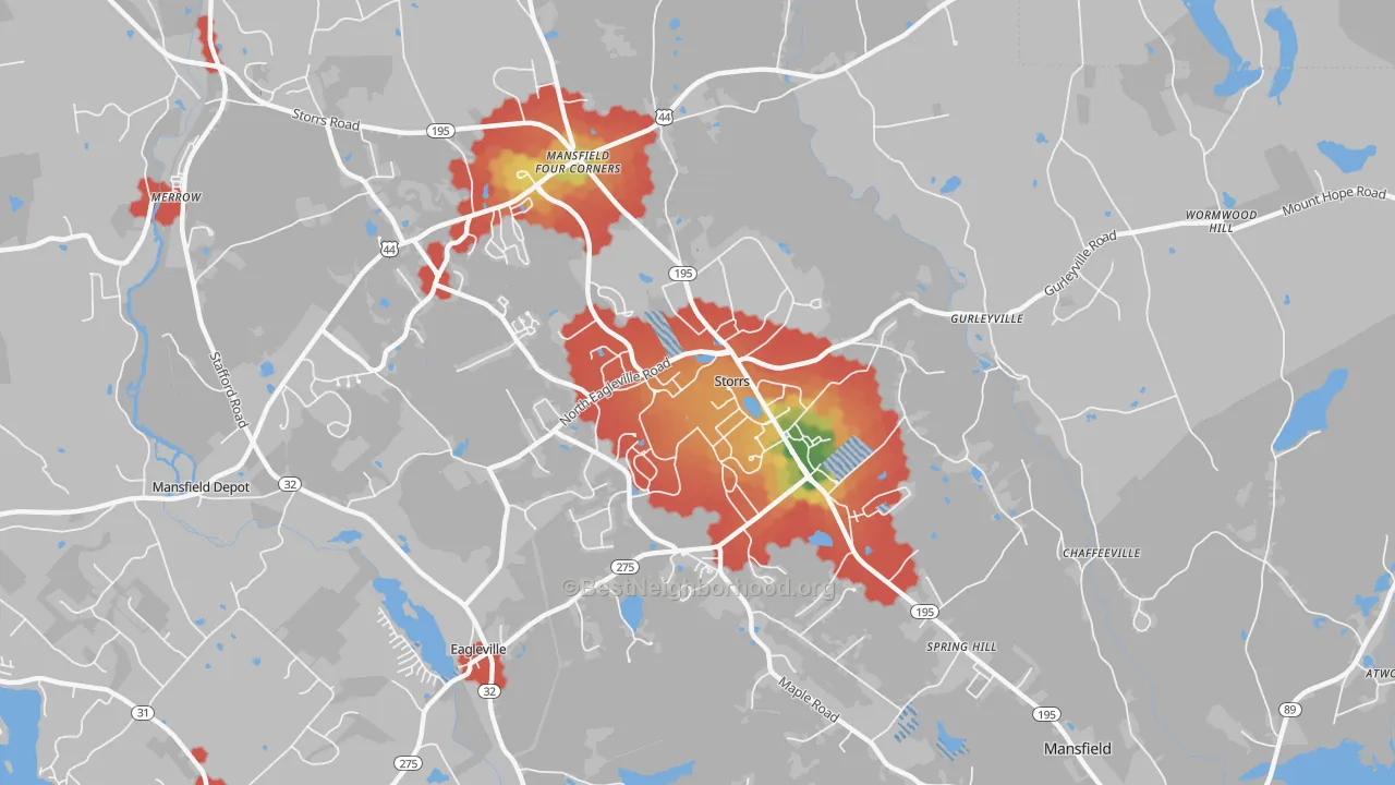 Walk Grade map of 06269, CT, walkable areas in green and car-dependent areas in red