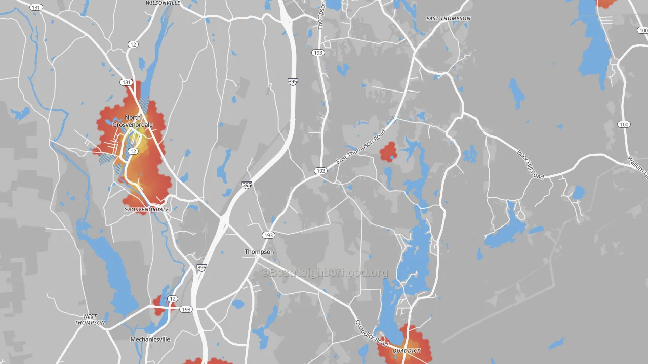 Walk Grade map of 06277, CT, walkable areas in green and car-dependent areas in red