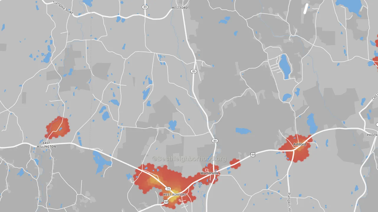 Walk Grade map of 06278, CT, walkable areas in green and car-dependent areas in red