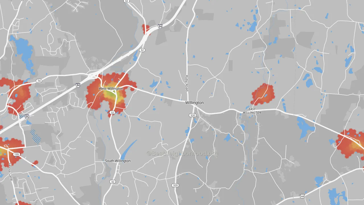 Walk Grade map of 06279, CT, walkable areas in green and car-dependent areas in red