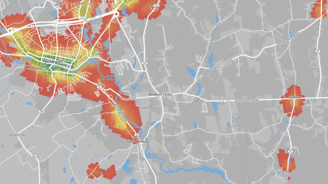 Walk Grade map of 06280, CT, walkable areas in green and car-dependent areas in red