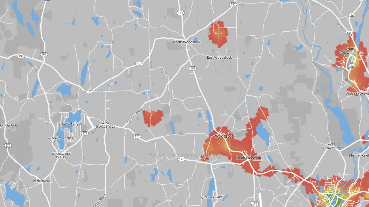 Walk Grade map of 06281, CT, walkable areas in green and car-dependent areas in red