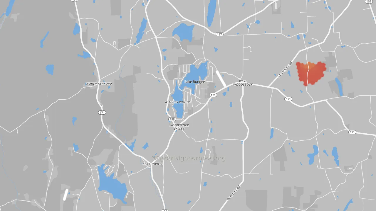 Walk Grade map of 06282, CT, walkable areas in green and car-dependent areas in red