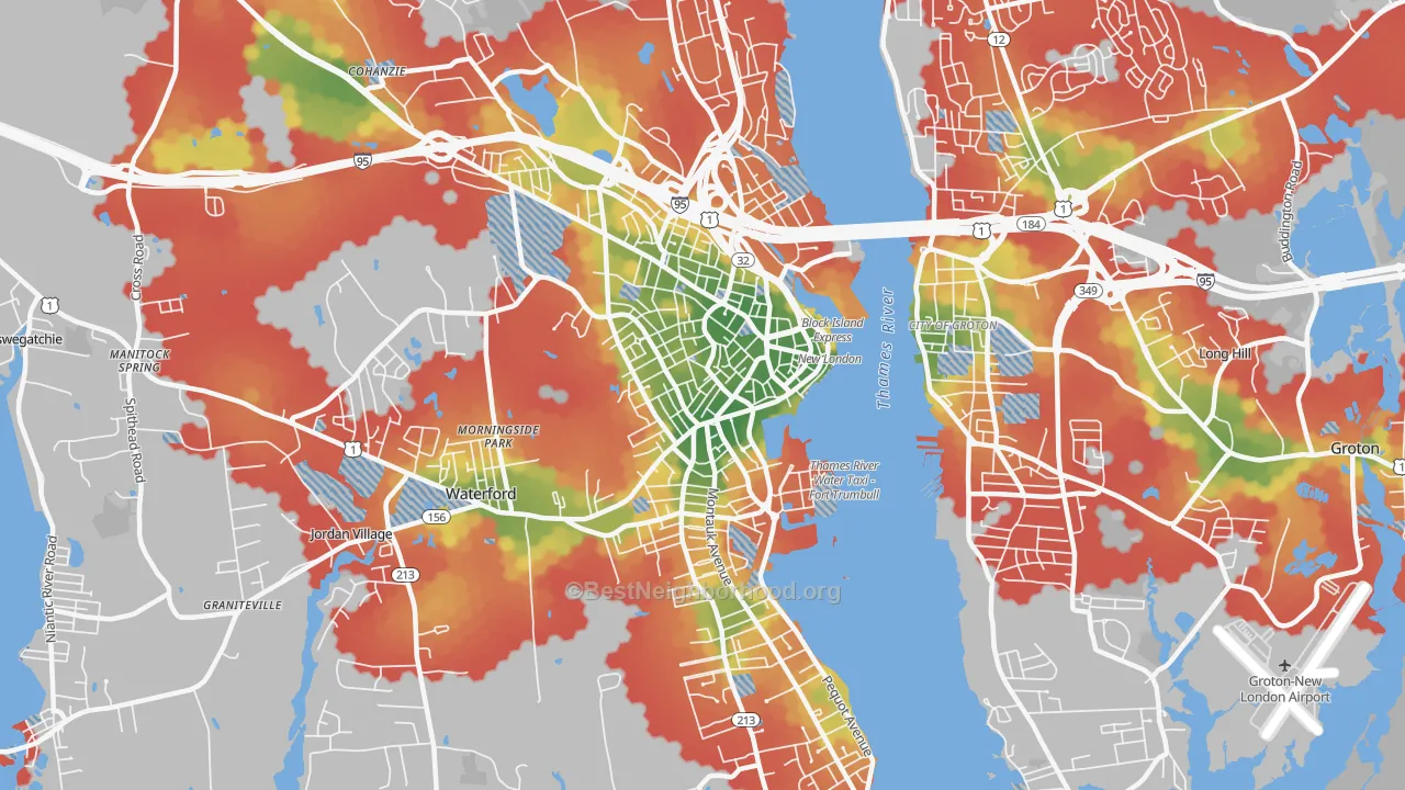 Walk Grade map of 06320, CT, walkable areas in green and car-dependent areas in red