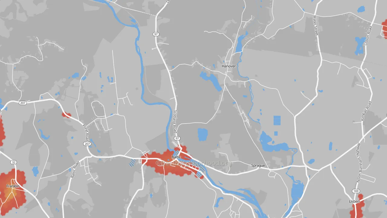 Walk Grade map of 06330, CT, walkable areas in green and car-dependent areas in red