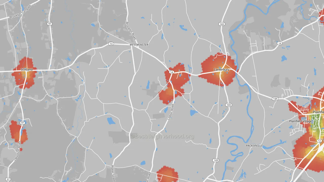 Walk Grade map of 06331, CT, walkable areas in green and car-dependent areas in red