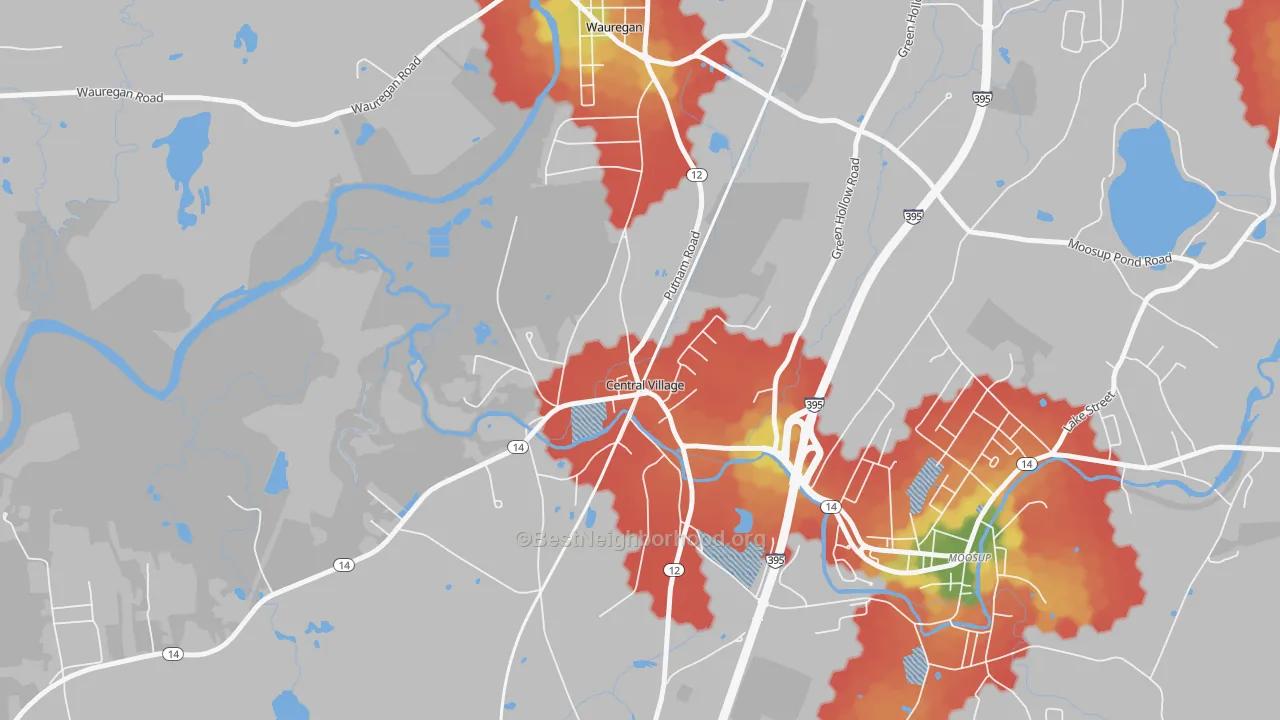 Walk Grade map of 06332, CT, walkable areas in green and car-dependent areas in red