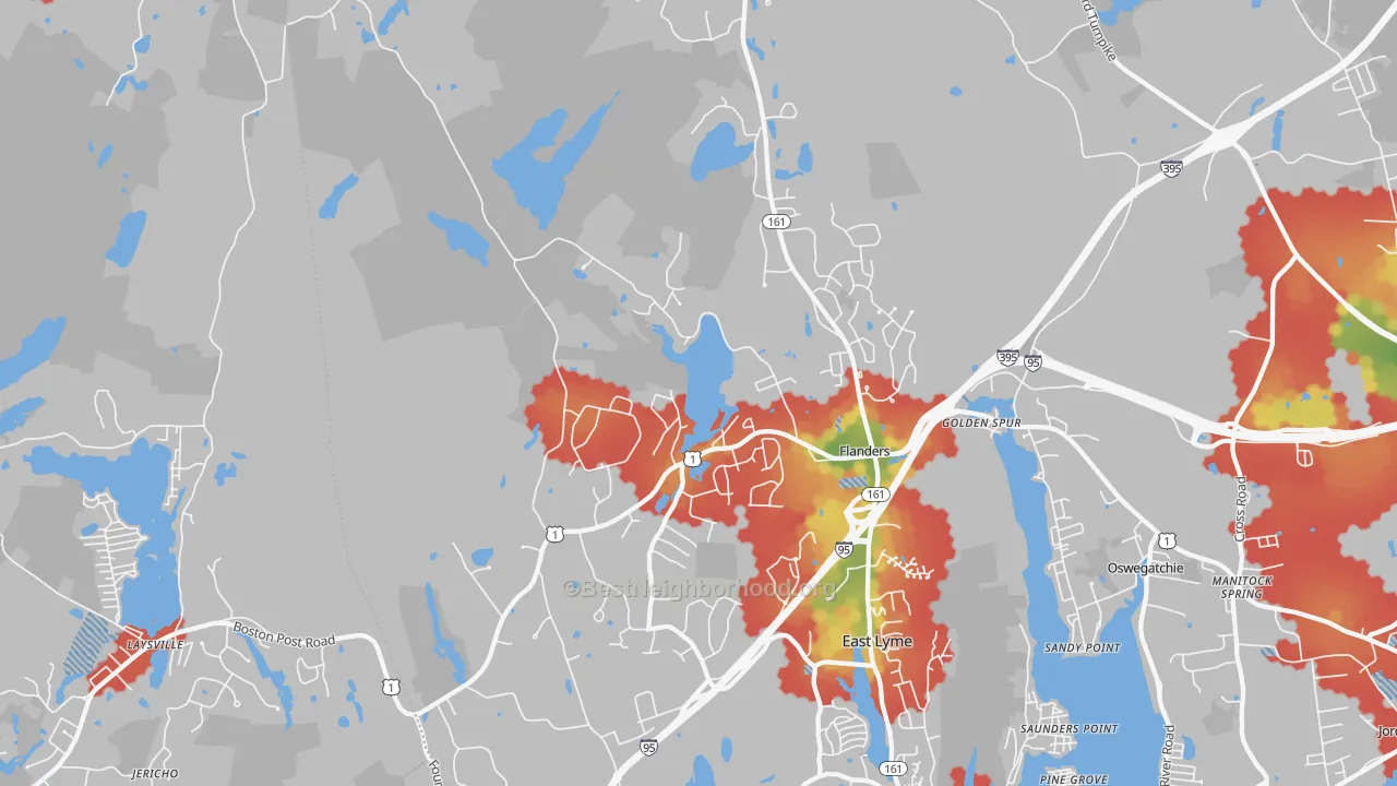 Walk Grade map of 06333, CT, walkable areas in green and car-dependent areas in red