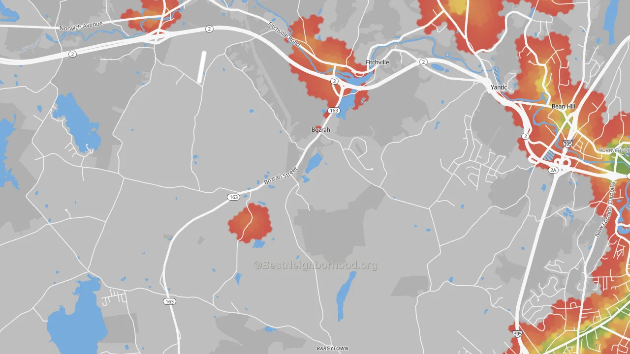 Walk Grade map of 06334, CT, walkable areas in green and car-dependent areas in red