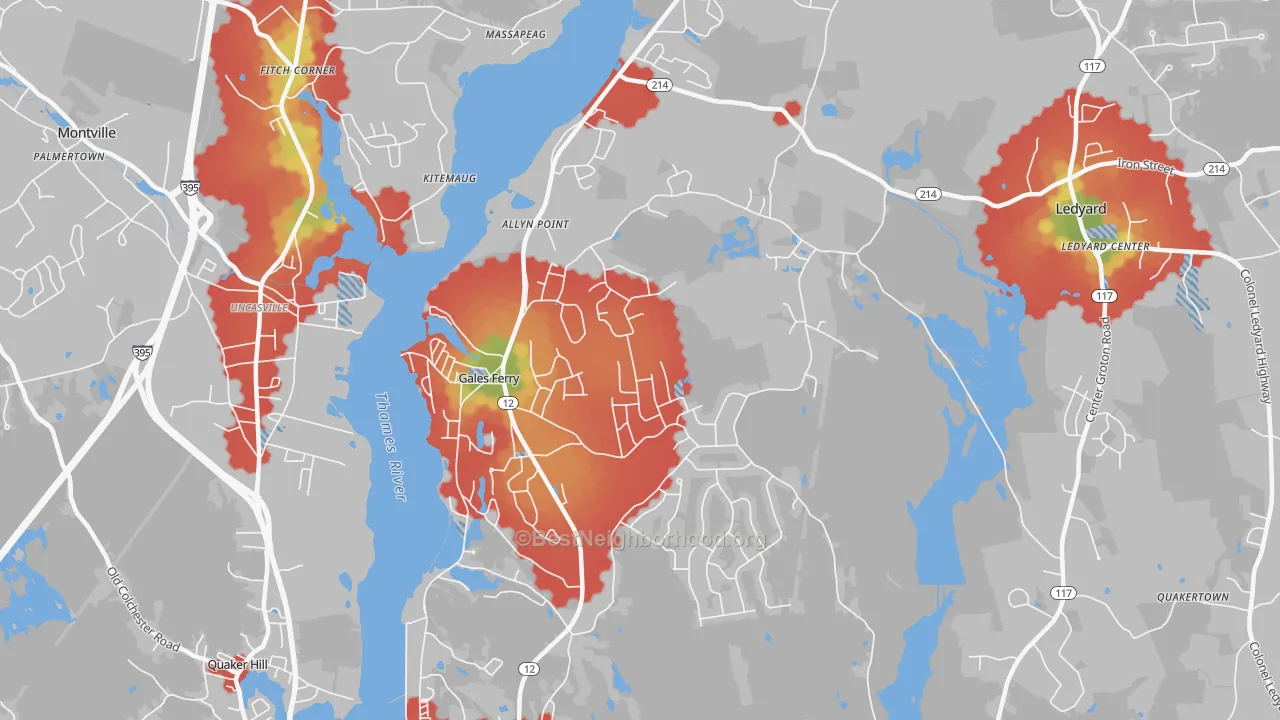 Walk Grade map of 06335, CT, walkable areas in green and car-dependent areas in red