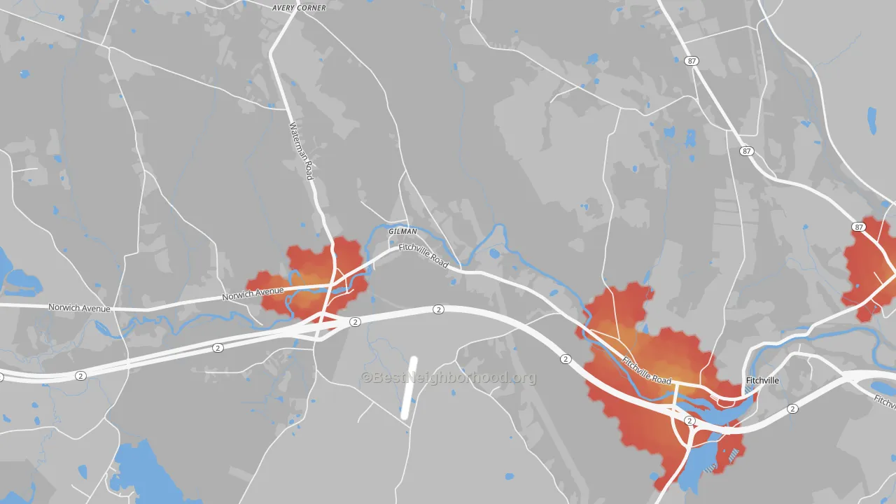 Walk Grade map of 06336, CT, walkable areas in green and car-dependent areas in red
