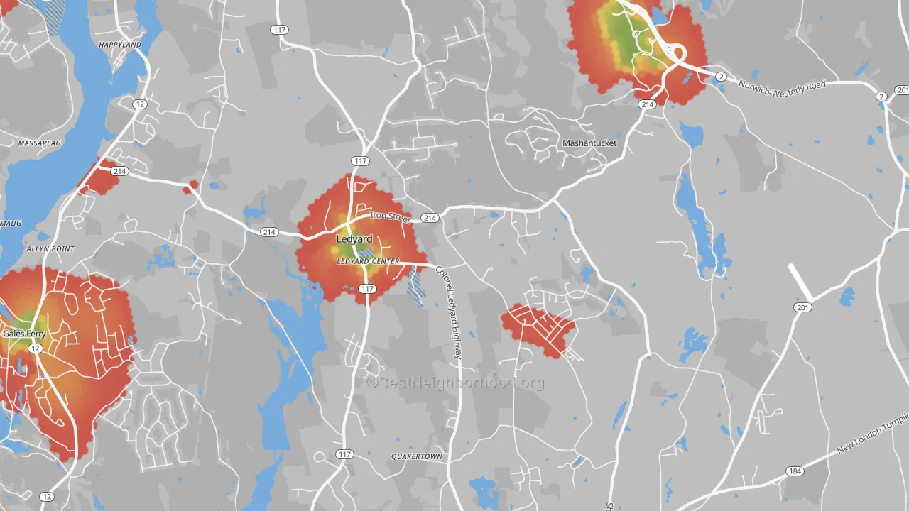 Walk Grade map of 06339, CT, walkable areas in green and car-dependent areas in red