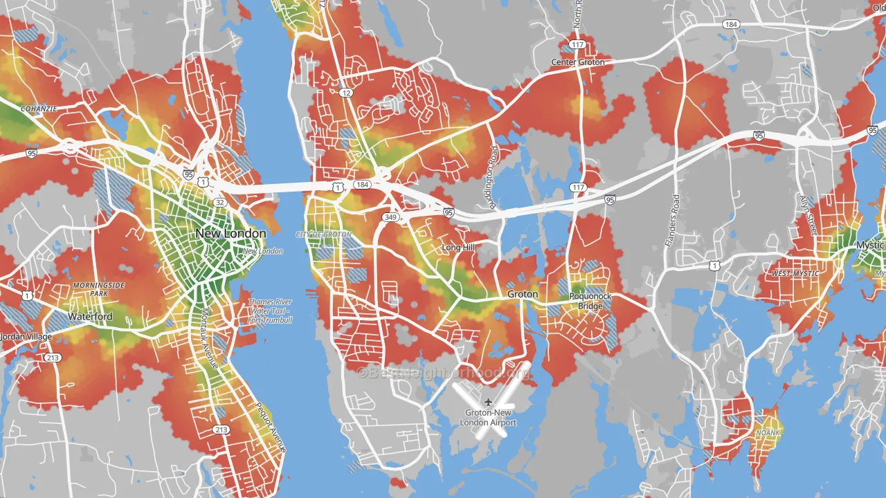 Walk Grade map of 06340, CT, walkable areas in green and car-dependent areas in red
