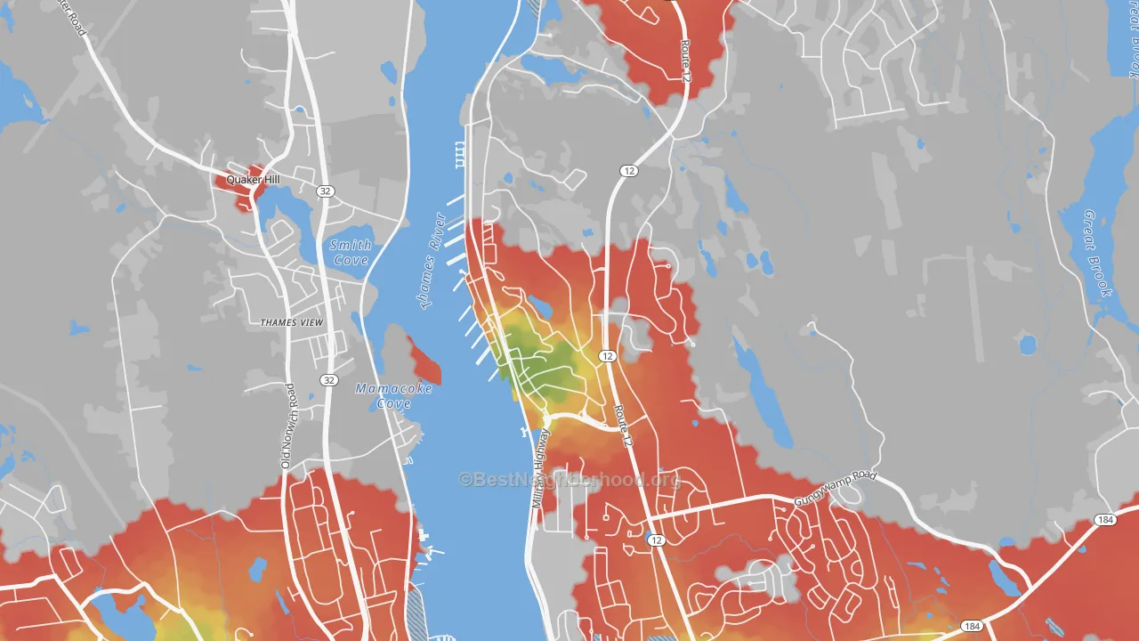 Walk Grade map of 06349, CT, walkable areas in green and car-dependent areas in red