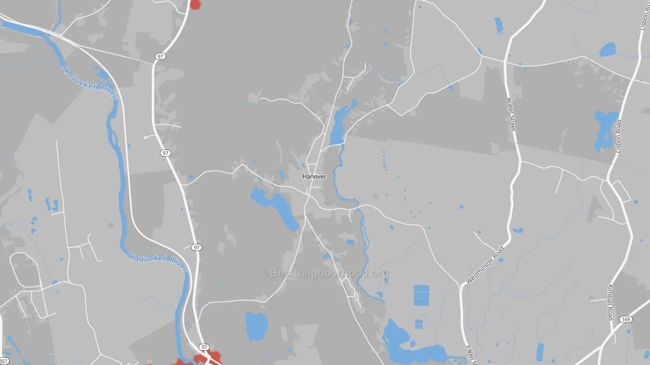 Walk Grade map of 06350, CT, walkable areas in green and car-dependent areas in red