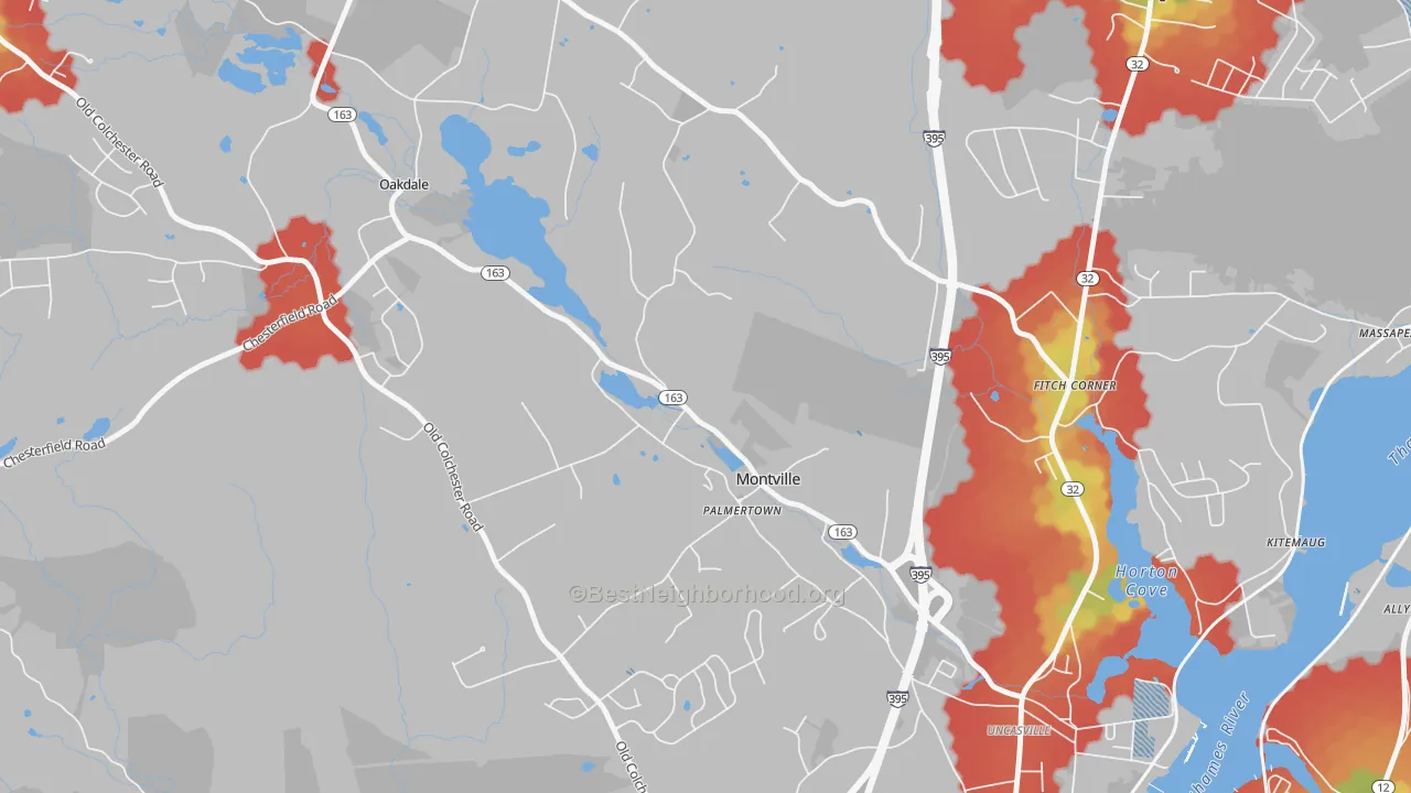 Walk Grade map of 06353, CT, walkable areas in green and car-dependent areas in red