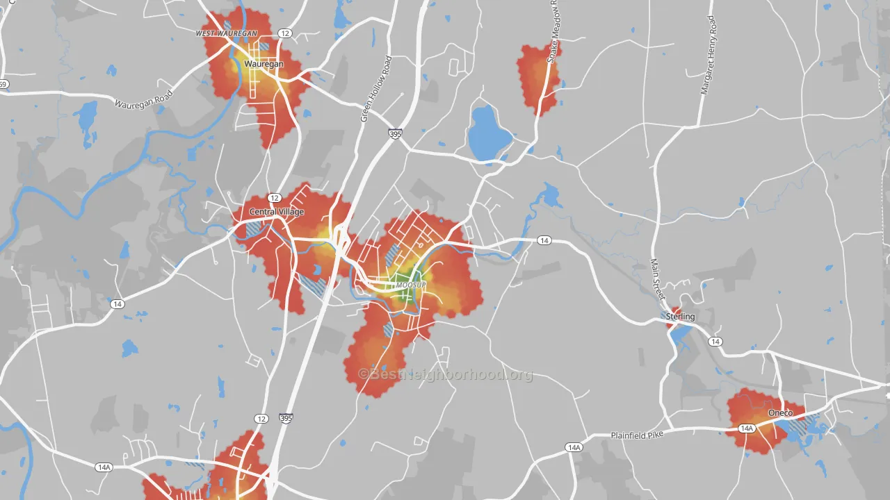 Walk Grade map of 06354, CT, walkable areas in green and car-dependent areas in red