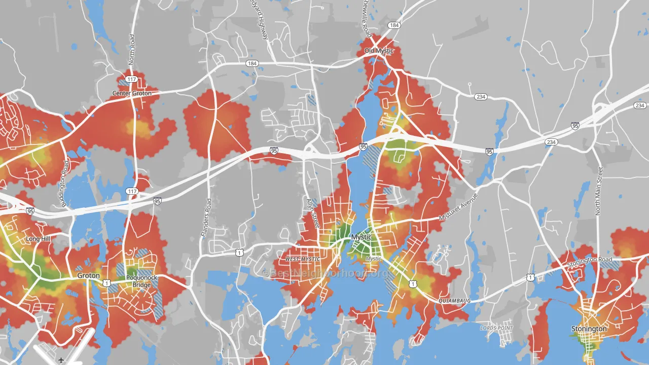 Walk Grade map of 06355, CT, walkable areas in green and car-dependent areas in red