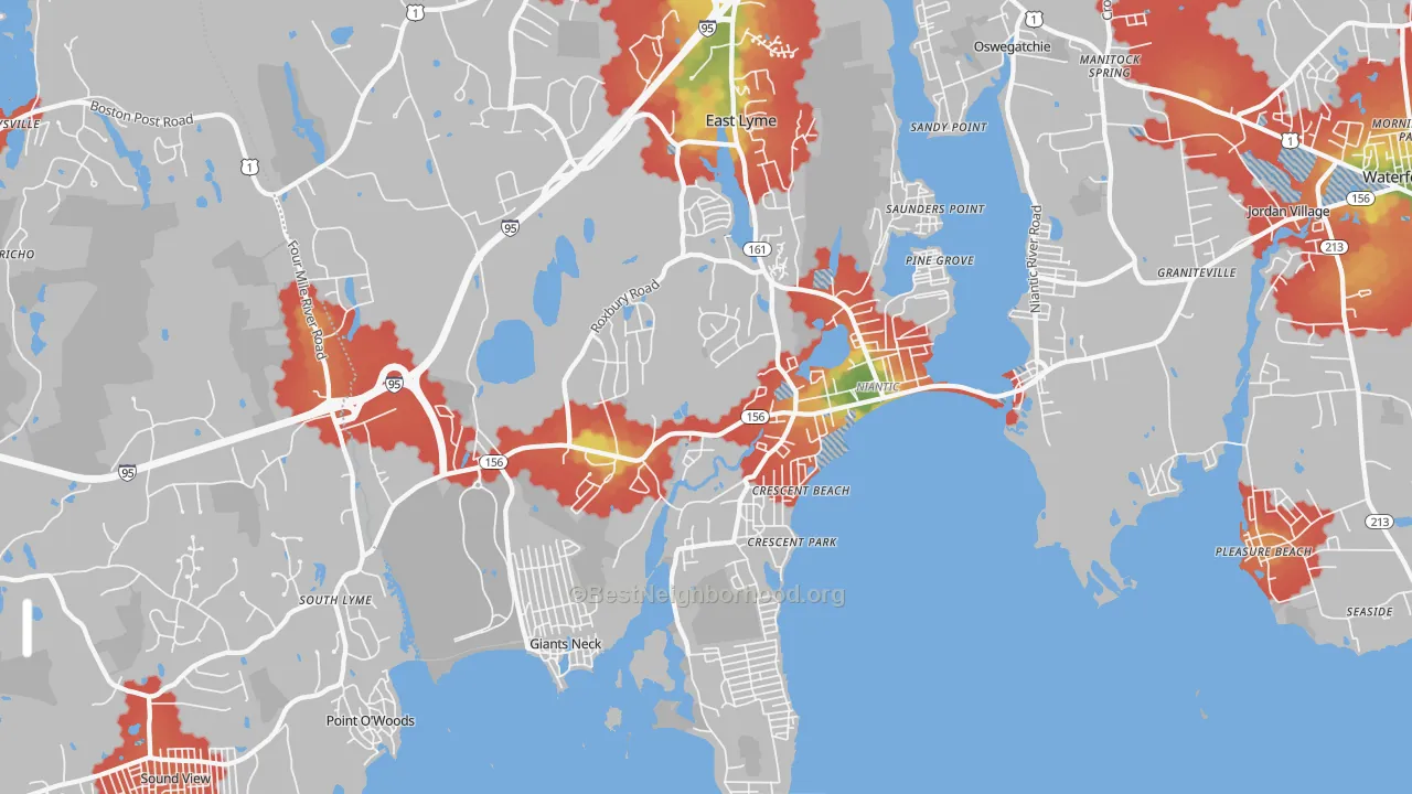 Walk Grade map of 06357, CT, walkable areas in green and car-dependent areas in red