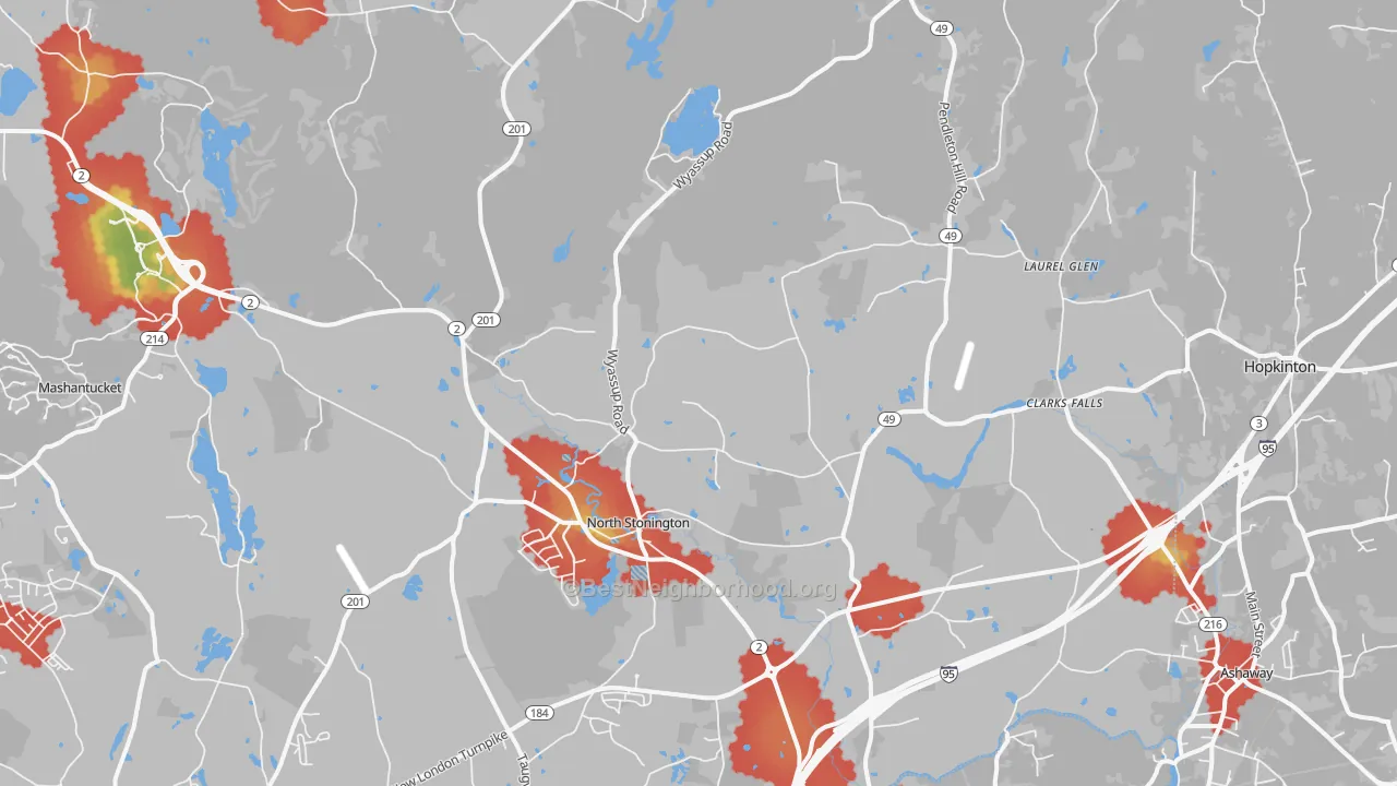 Walk Grade map of 06359, CT, walkable areas in green and car-dependent areas in red