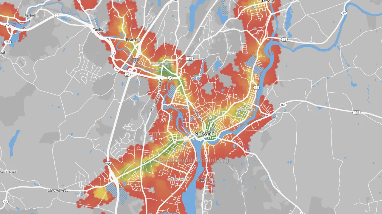 Walk Grade map of 06360, CT, walkable areas in green and car-dependent areas in red