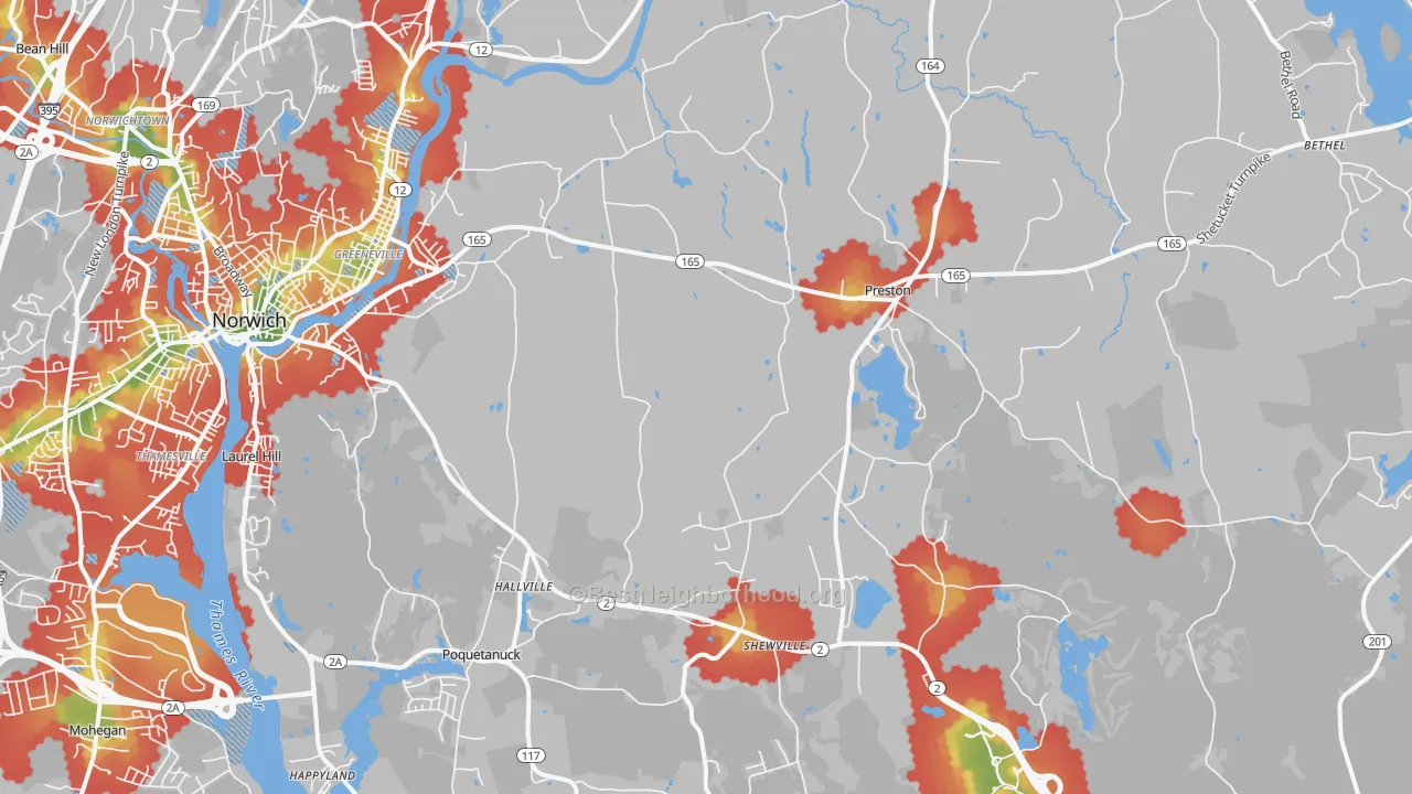 Walk Grade map of 06365, CT, walkable areas in green and car-dependent areas in red