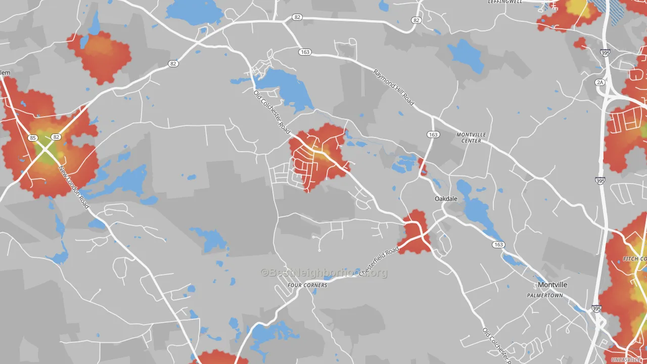 Walk Grade map of 06370, CT, walkable areas in green and car-dependent areas in red