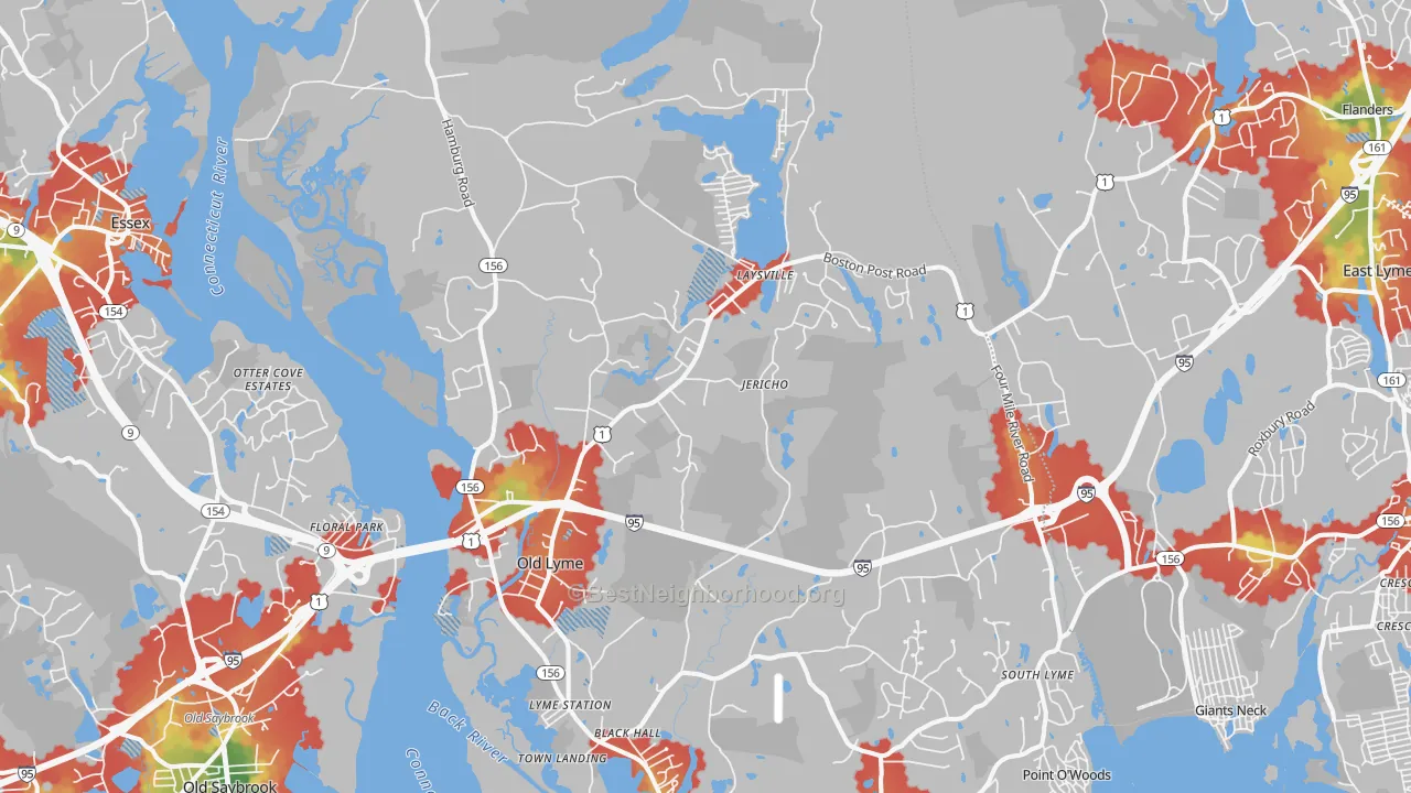 Walk Grade map of 06371, CT, walkable areas in green and car-dependent areas in red