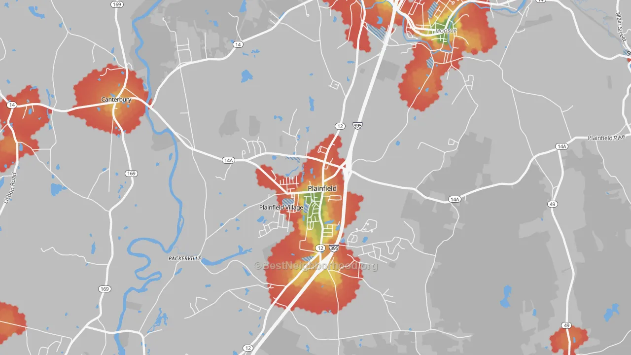 Walk Grade map of 06374, CT, walkable areas in green and car-dependent areas in red