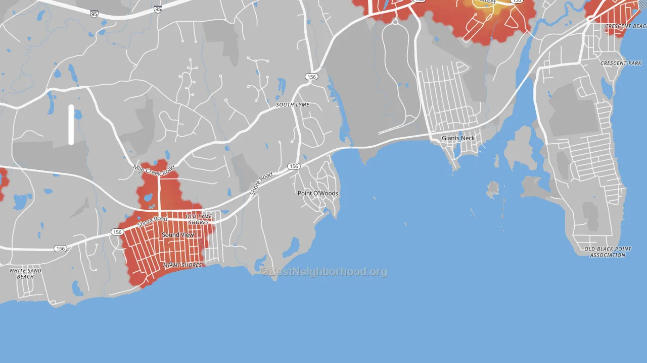 Walk Grade map of 06376, CT, walkable areas in green and car-dependent areas in red