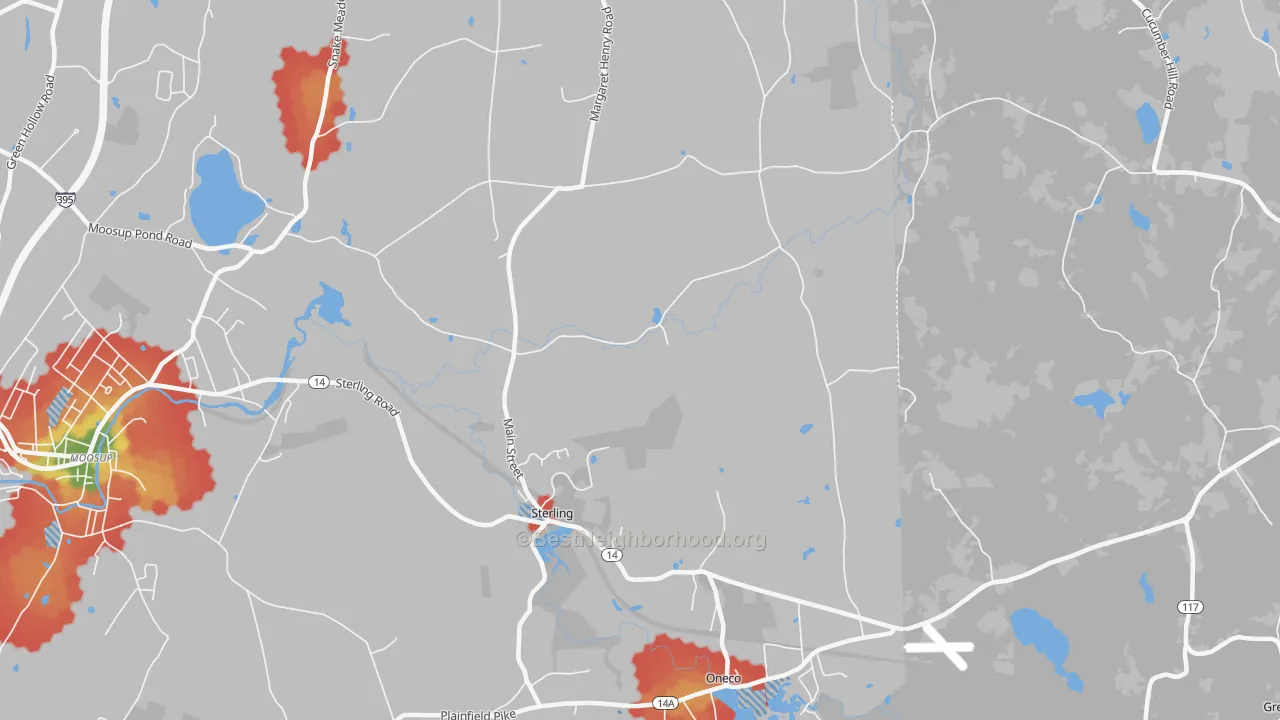 Walk Grade map of 06377, CT, walkable areas in green and car-dependent areas in red