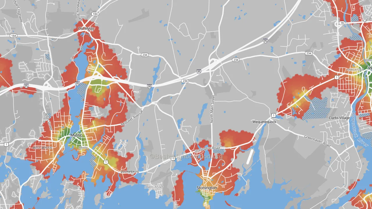 Walk Grade map of 06378, CT, walkable areas in green and car-dependent areas in red