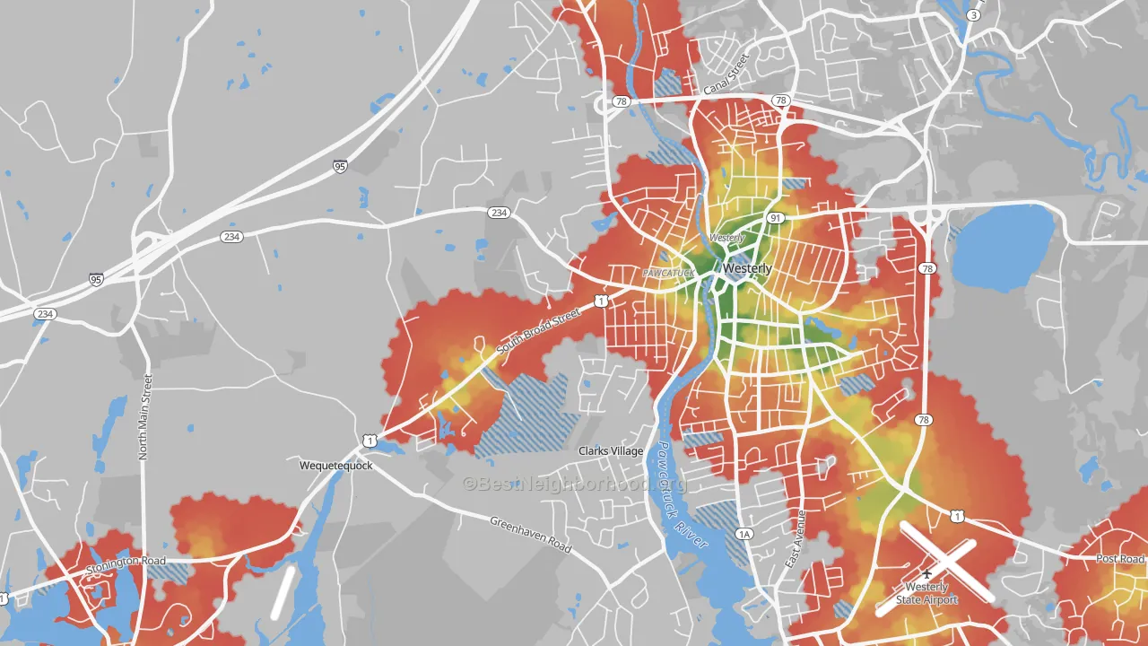 Walk Grade map of 06379, CT, walkable areas in green and car-dependent areas in red